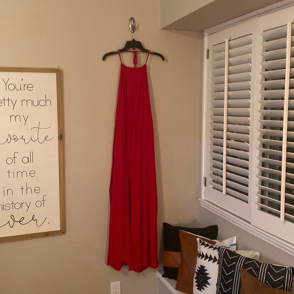 Fun and Flirty tie neck red jumpsuit